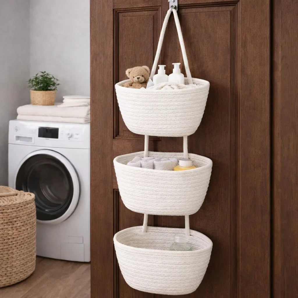 🧺 Woven Cotton 3-Tier Over-the-Door Storage Basket – Space-Saving Hanging Organizer ✨