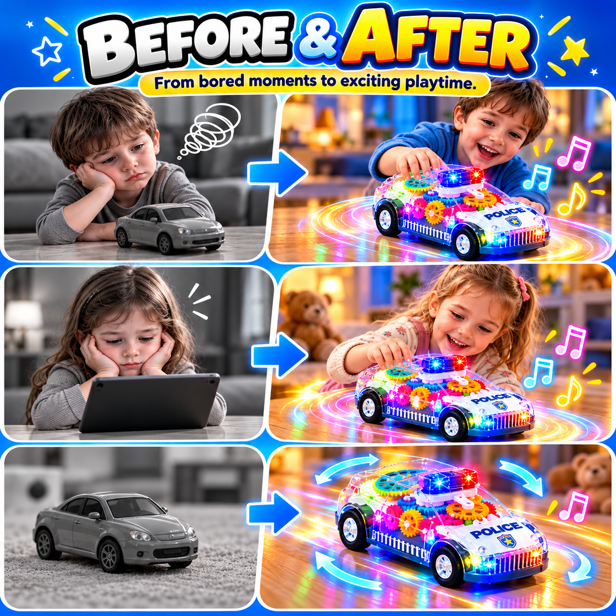 Children enjoying colorful light-up toy car compared with ordinary toy car play