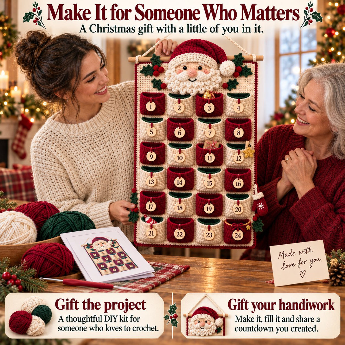 🎄 DIY Crochet Advent Calendar Kit – 24 Refillable Pockets & 4 Christmas Designs 🧶 | 45% OFF