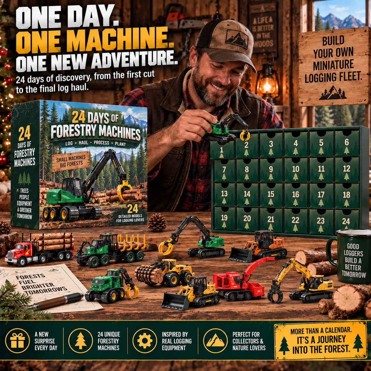 🌲 24 Days of Forestry Machines Advent Calendar – 24 Realistic Logging Equipment Collectibles, Christmas Gift for Loggers & Machinery Lovers