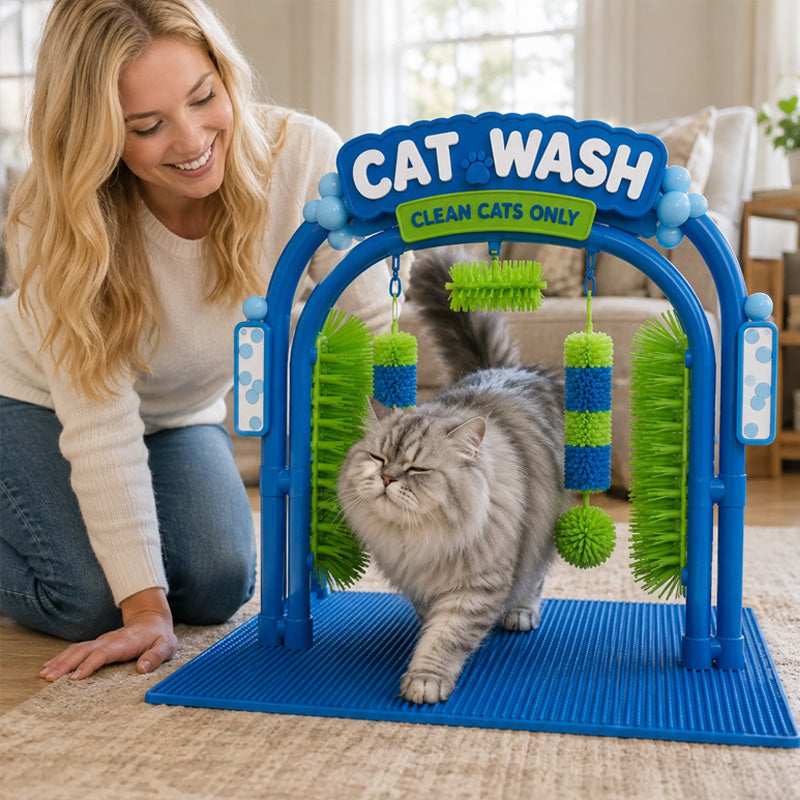 Cat using the self-grooming cat wash station