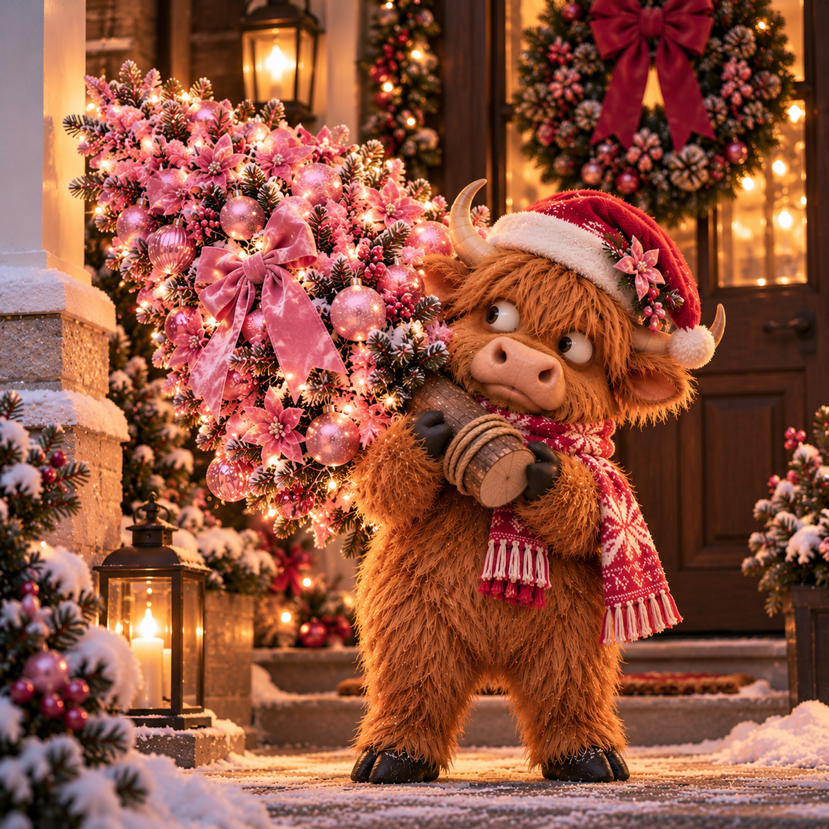 Pinkmas Highland Cow carrying pink Christmas tree