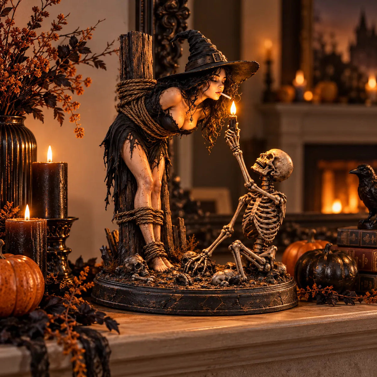 💀 Witch & Skeleton Light-Up Scene Figurine – Gothic Halloween Tabletop Décor