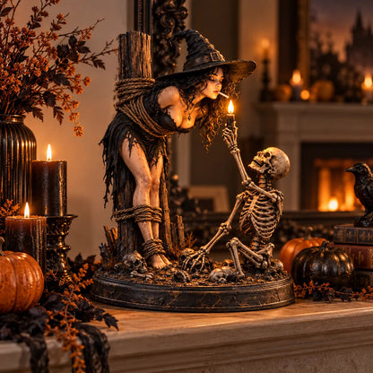 💀 Witch & Skeleton Light-Up Scene Figurine – Gothic Halloween Tabletop Décor