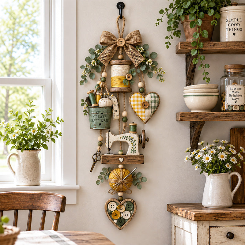 🧵✨ Sewing Lover’s Rustic Farmhouse Wall Hanging with Warm Fairy Lights