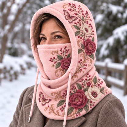 🌸 Women’s Floral 3-in-1 Winter Hood – Fleece-Lined Hat, Face Cover & Neck Warmer