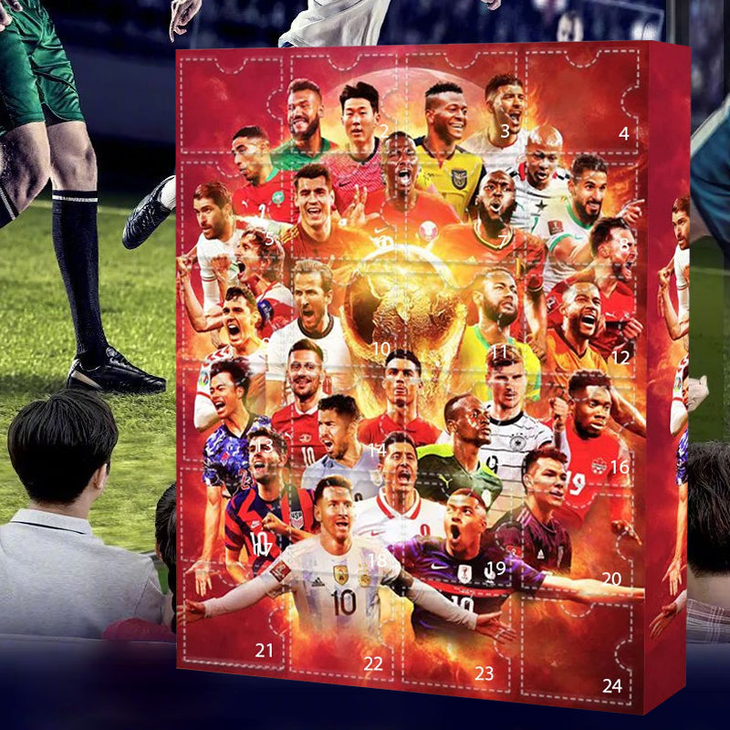 Red football countdown calendar in a stadium-inspired sports setting
