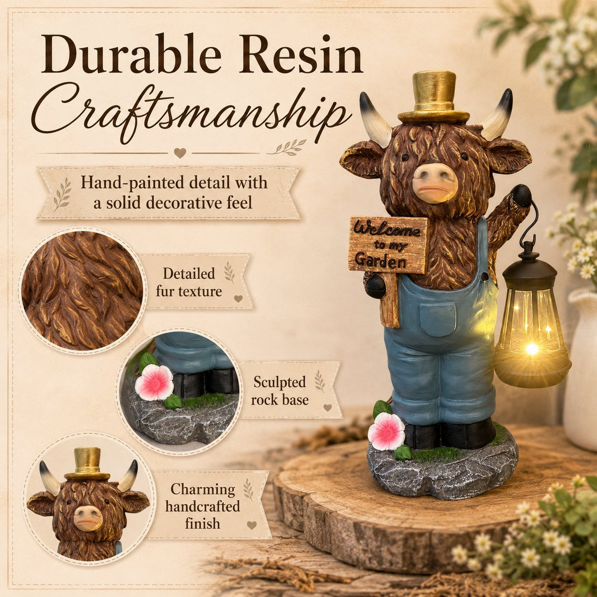 🐮🏮 Highland Cow Solar Garden Lantern Statue – Rustic Farmhouse Glow for Garden & Porch ✨