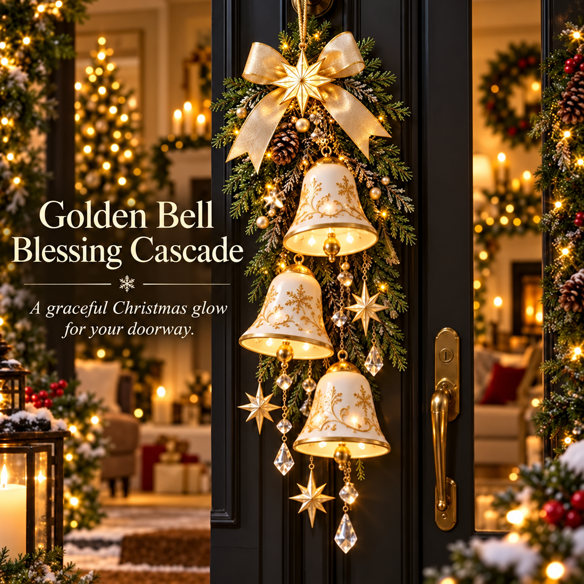 🔔✨Last Day 50% Off✨✨ Golden Bell Blessing Cascade – Lighted Christmas Door Decor