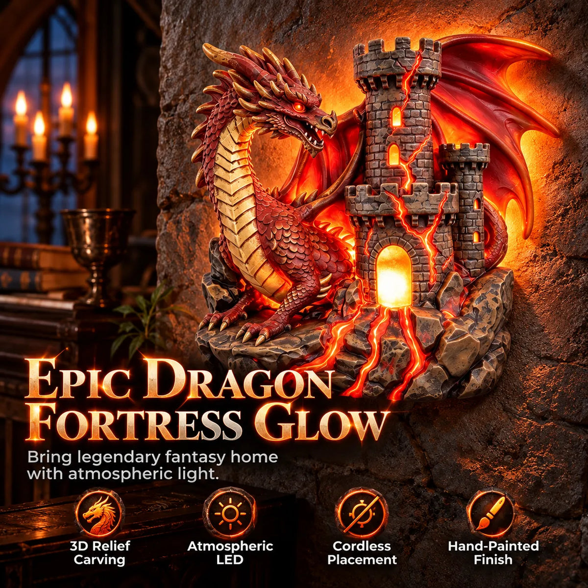 🏰 Mythical Accent Special 60% OFF 💥 Western Dragon and Castle Wall-Mounted LED Night Light Fantasy Lava Resin Ornament