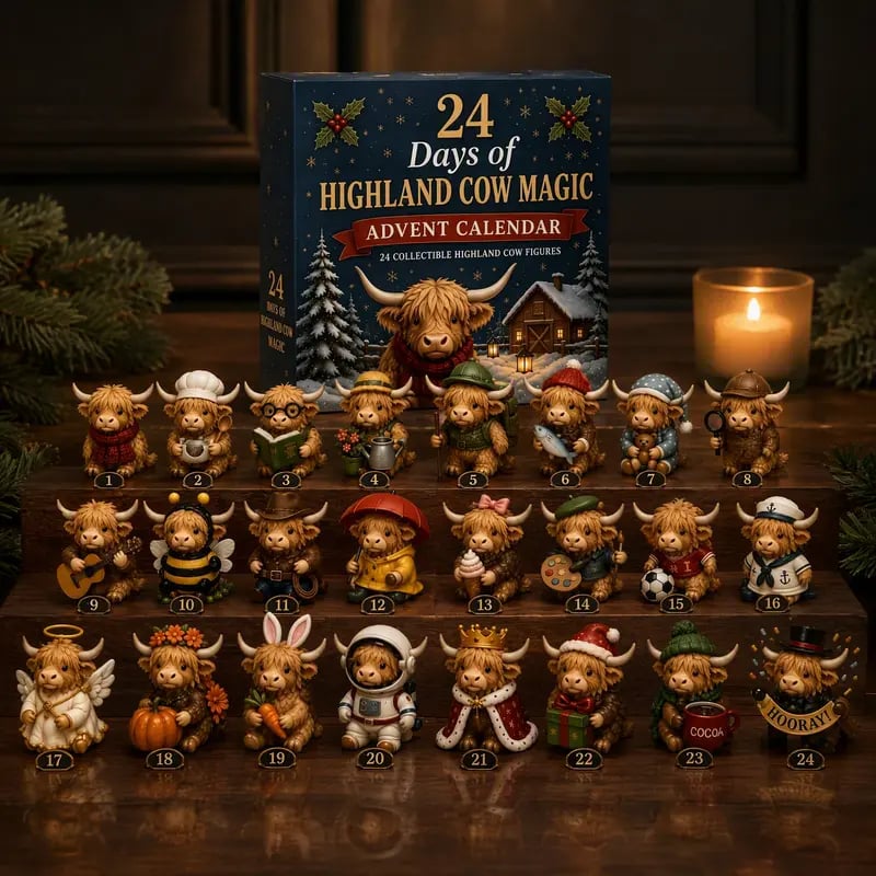 🐮 24-Day Highland Cow Advent Calendar – Festive Mini Figurine Collectible Set for Christmas Countdown