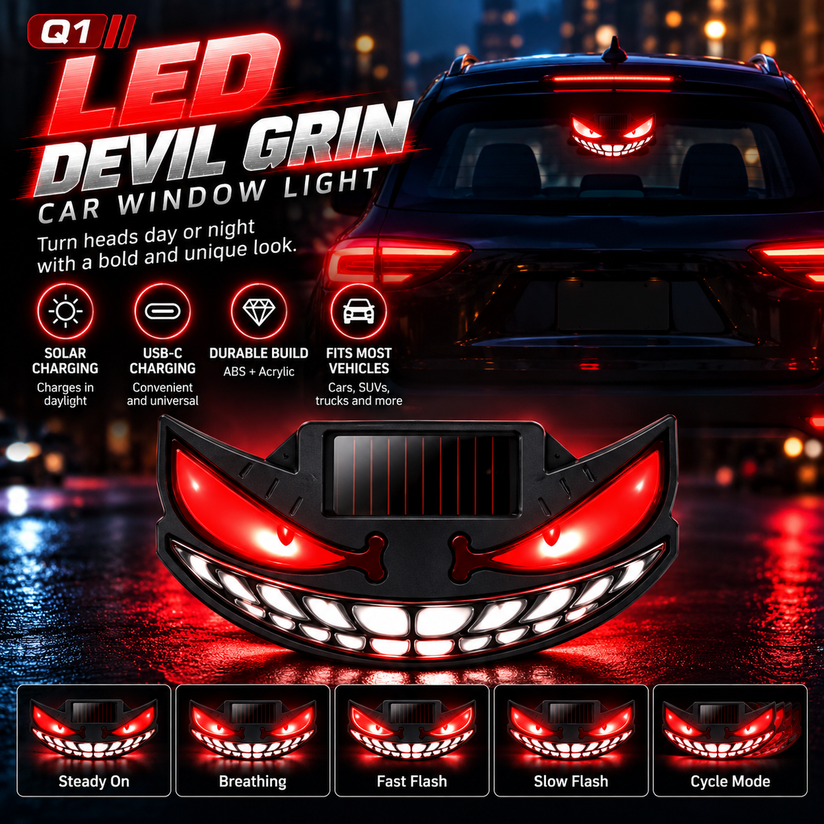 😈🚗 Devil Grin LED Car Window Light – Solar + USB-C Rechargeable Window Glow