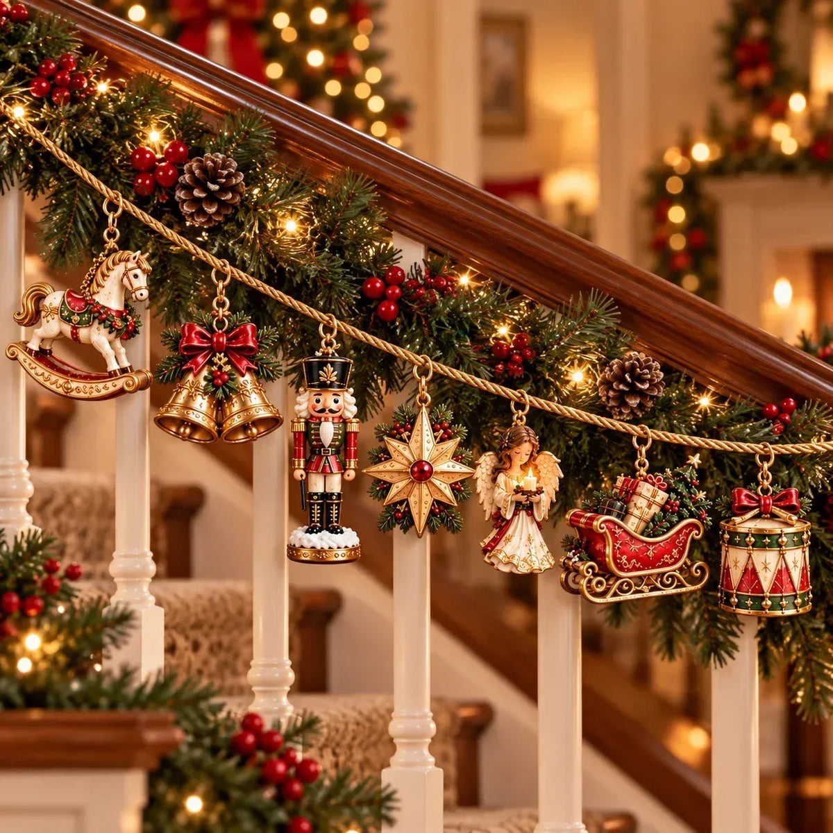 🎄 7-Piece Vintage-Style Christmas Garland Set | With Detachable 3D Ornaments