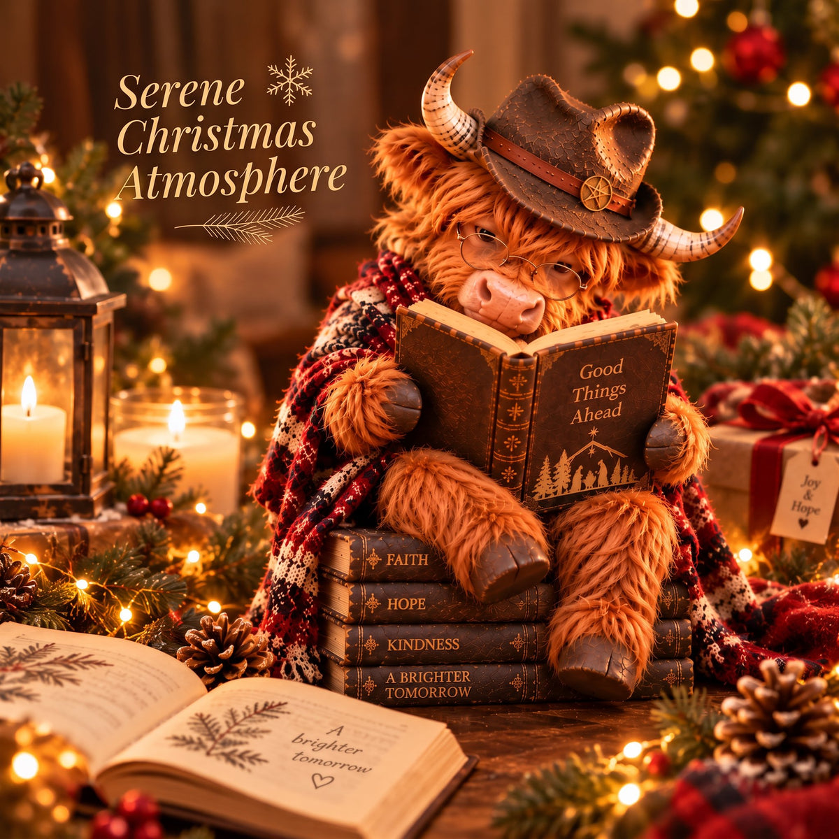 Enchanted Highland Cow Reader Sculpture, Winter Tabletop Book Nook Decor