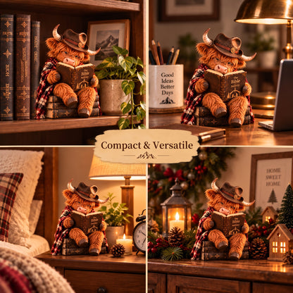 Enchanted Highland Cow Reader Sculpture, Winter Tabletop Book Nook Decor
