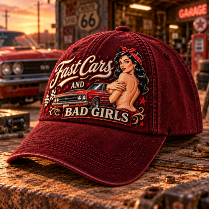 🏁🔥 Fast Cars And Bad Girls Retro Muscle Car Pin-Up Baseball Cap