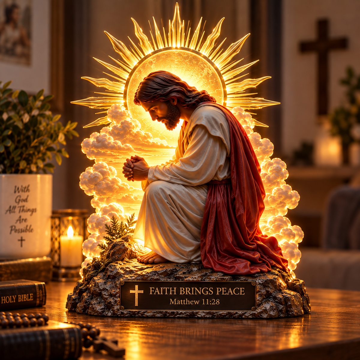 ✨🙏 Faith Brings Peace™ — Illuminated Praying Jesus Figurine