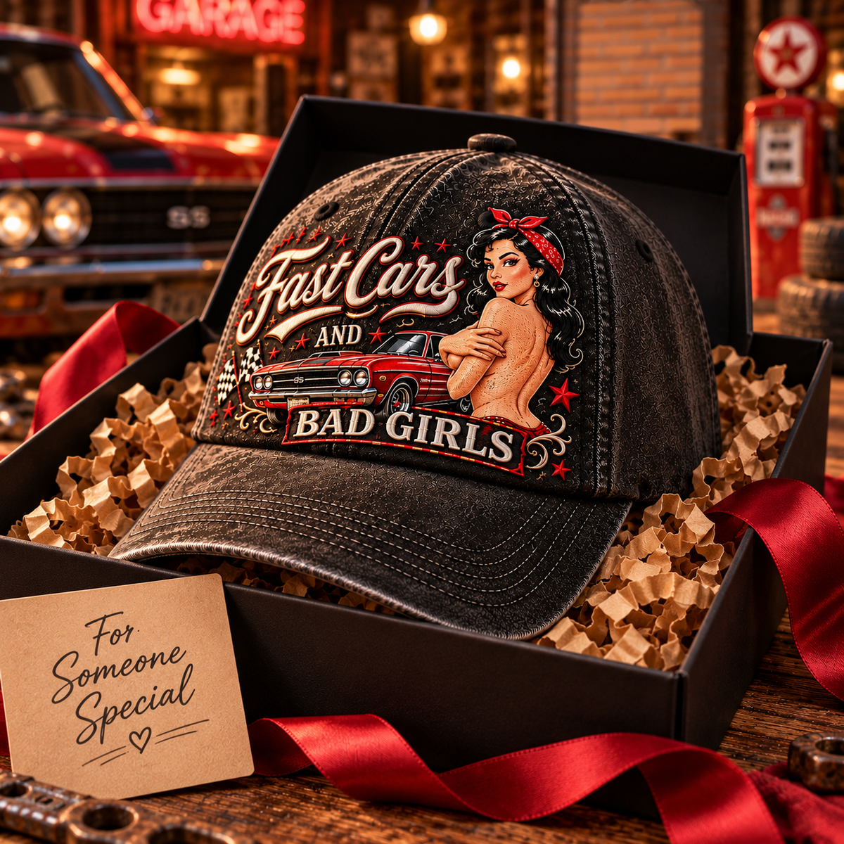 🏁🔥 Fast Cars And Bad Girls Retro Muscle Car Pin-Up Baseball Cap