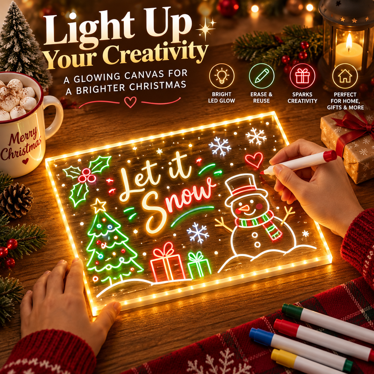 🎨 Reusable Acrylic LED Writing & Drawing Board – 7 Color Pens Included