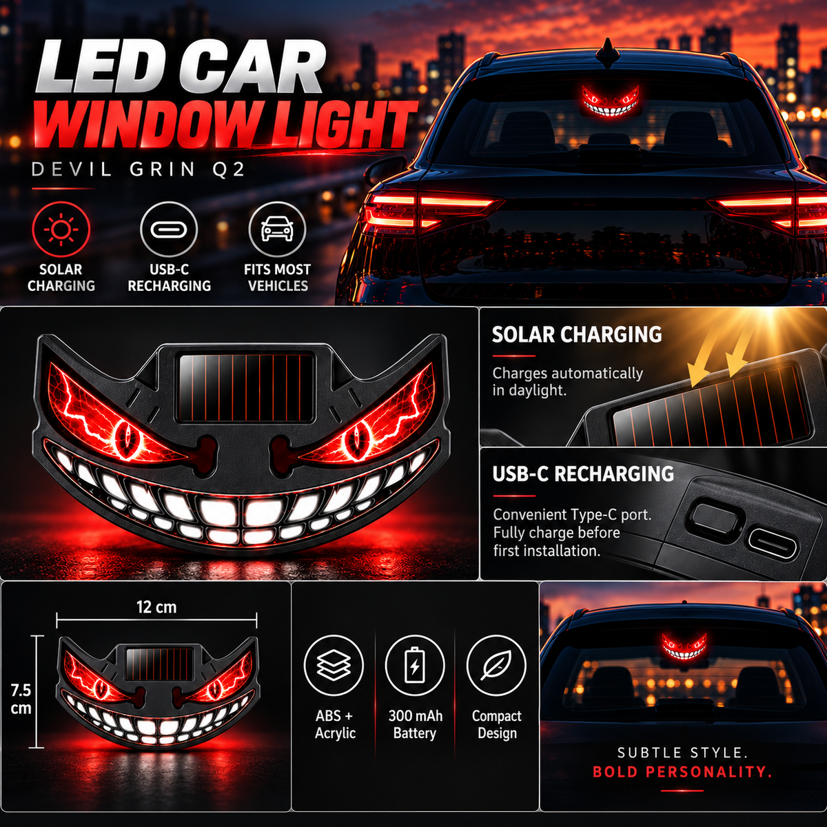 😈🚗 Devil Grin LED Car Window Light – Solar + USB-C Rechargeable Window Glow