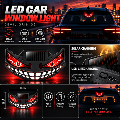 😈🚗 Devil Grin LED Car Window Light – Solar + USB-C Rechargeable Window Glow