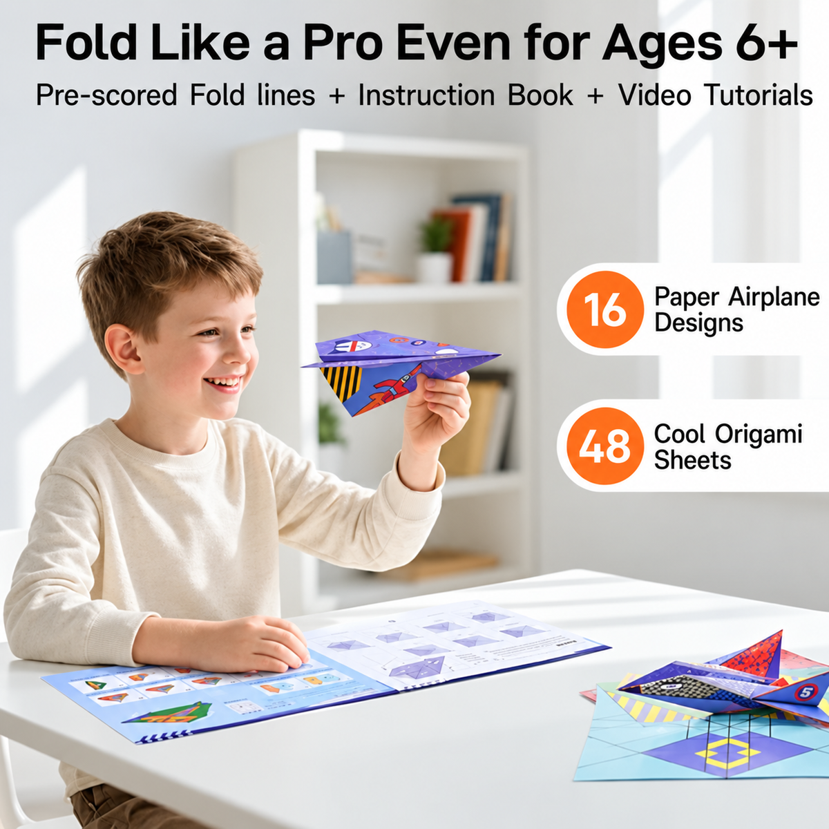 Child enjoying a colorful paper airplane with illustrated folding instructions and aircraft designs