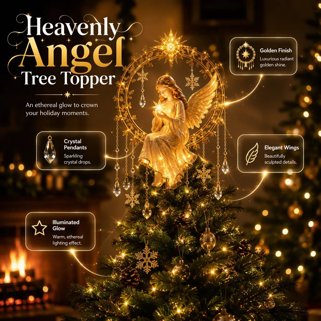 👼 Golden Angel Christmas Tree Topper – Warm LED Glow & Sparkling Details