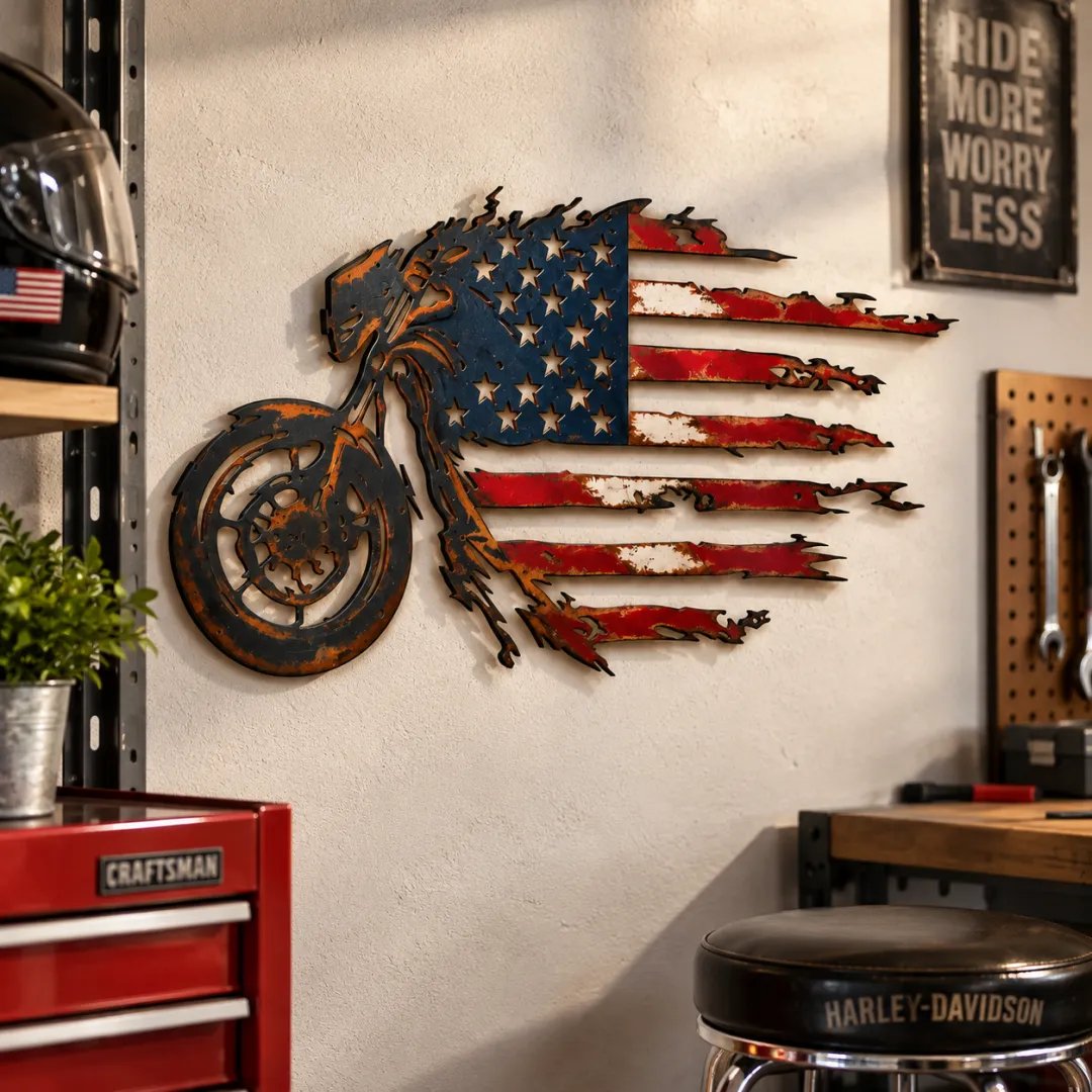 🏍️ Last Day 49% OFF✨Patriotic Motorcycle American Flag Metal Wall Art