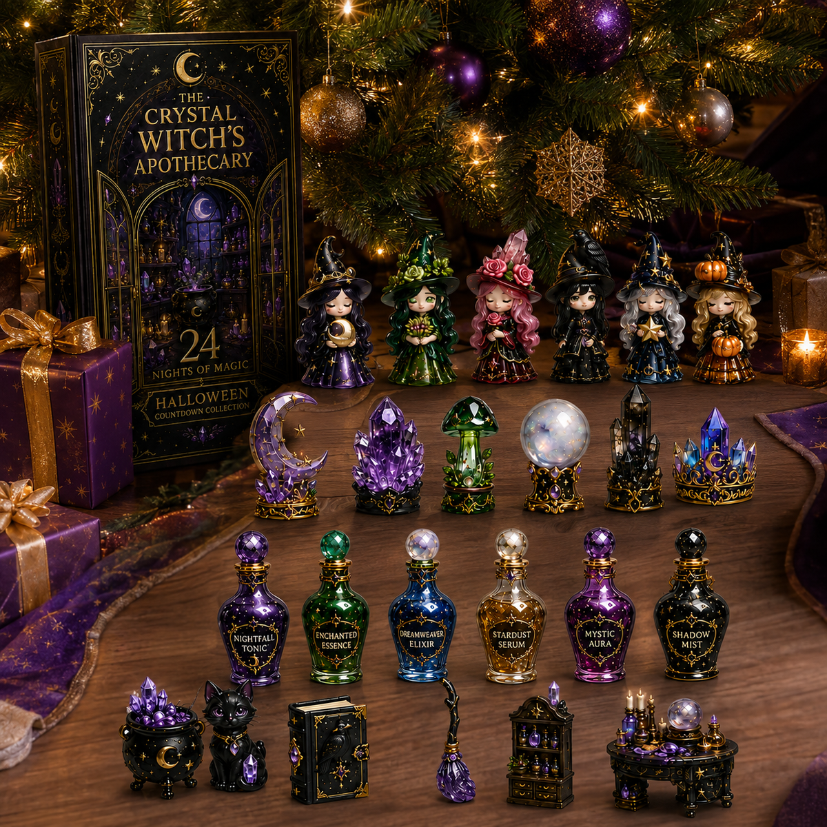 Crystal Witch collection beside a Christmas tree