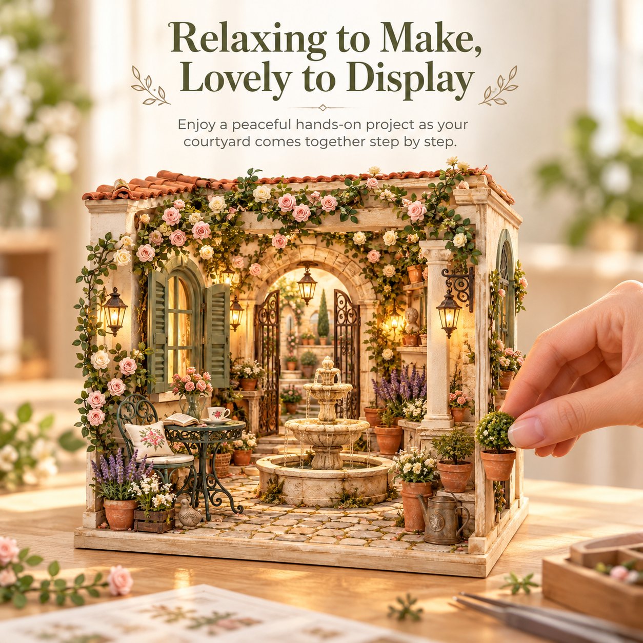 Hands arranging a potted plant in the Secret European Garden DIY miniature courtyard
