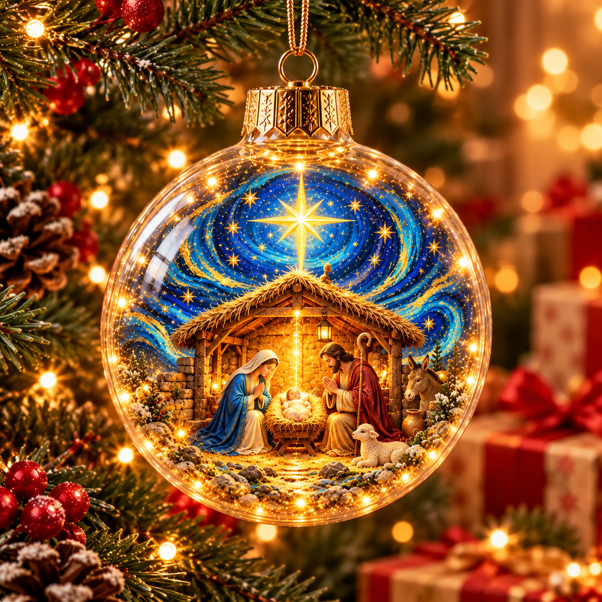 Star of Bethlehem nativity ornament with vivid blue night sky
