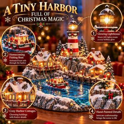 Detailed coastal Christmas village showing lighthouse, homecoming fishing boat, cottages and dockside details