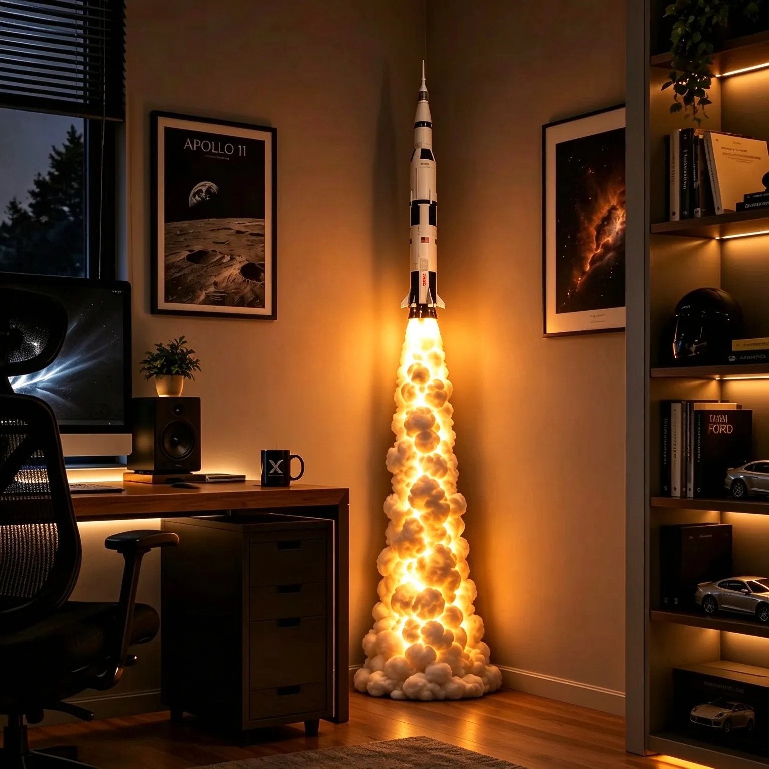 Retro rocket launching above a glowing golden cloud plume in a space-themed home office