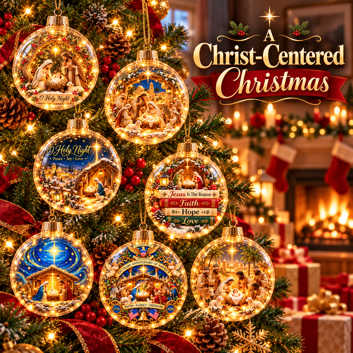 Seven Christian Nativity Christmas ornaments displayed on festive tree