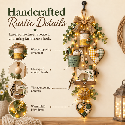 🧵✨ Sewing Lover’s Rustic Farmhouse Wall Hanging with Warm Fairy Lights