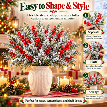 ❄️ Snow-Frosted Christmas Greenery & Red Berry Stems – Elegant Winter Home Decor 🎄