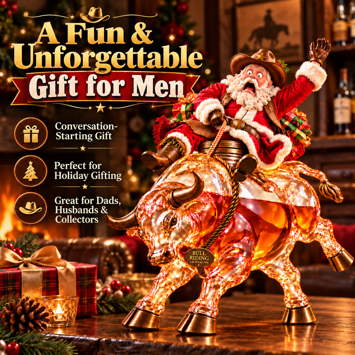 🎄🐂 Scared Santa Bull Rider Whiskey Bottle –  Unique Holiday Gift 🎁