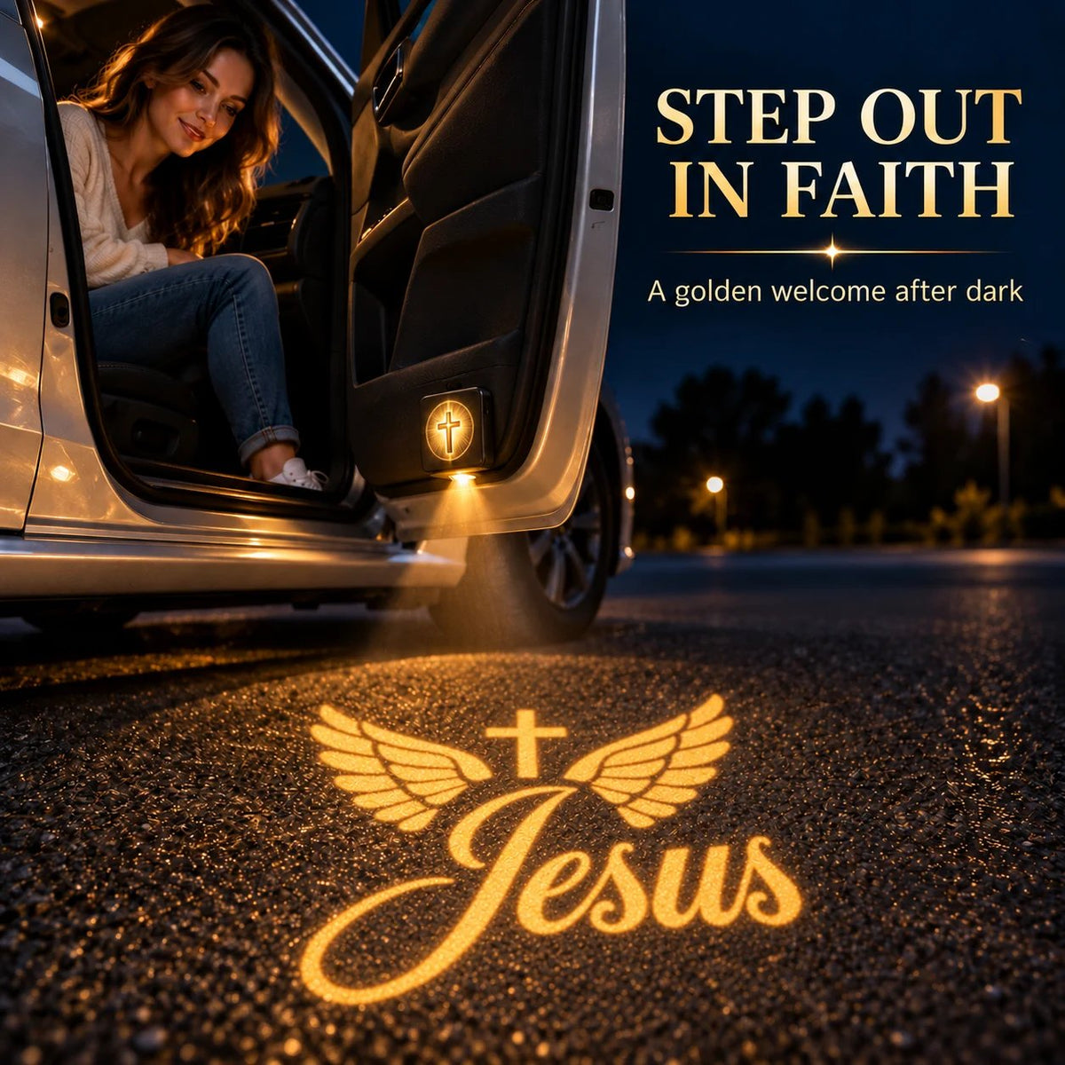 ✝️ Christian Car Door Projector Light – Golden Faith Projection | USB-C Rechargeable