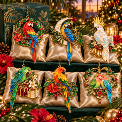 Tropical Parrot Christmas Ornaments – Vintage Stained Glass Style, Set of 6