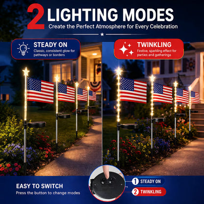 ☀️8-in-1 Solar American Flag Garden Stakes✨ IP65 Weatherproof & Auto-On Patriotic Decor