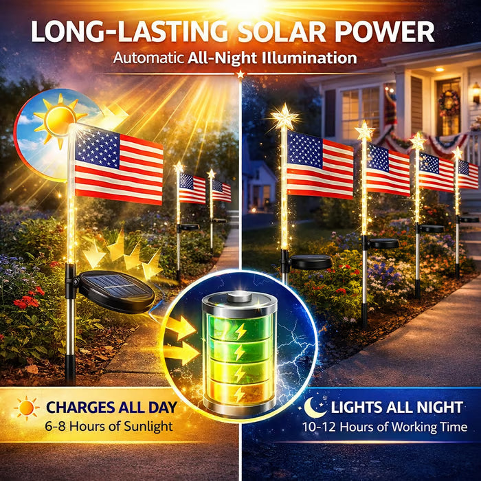 ☀️8-in-1 Solar American Flag Garden Stakes✨ IP65 Weatherproof & Auto-On Patriotic Decor
