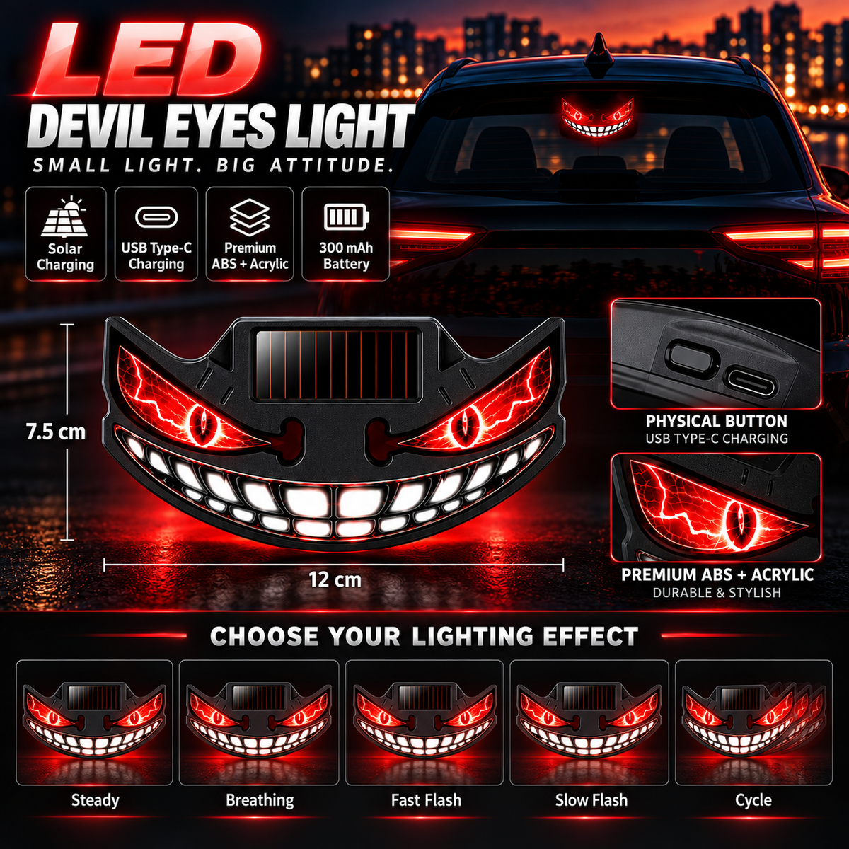 😈🚗 Devil Grin LED Car Window Light – Solar + USB-C Rechargeable Window Glow