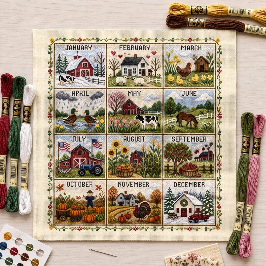 🔥 LAST DAY — 50% OFF! 🏡 12‑Month Seasons & Holidays Cross Stitch Kit — Relaxing DIY Craft for Beginners