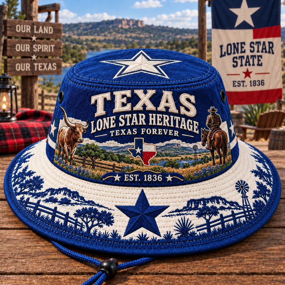 Texas heritage boonie hat showing wraparound Longhorn cowboy and Lone Star artwork