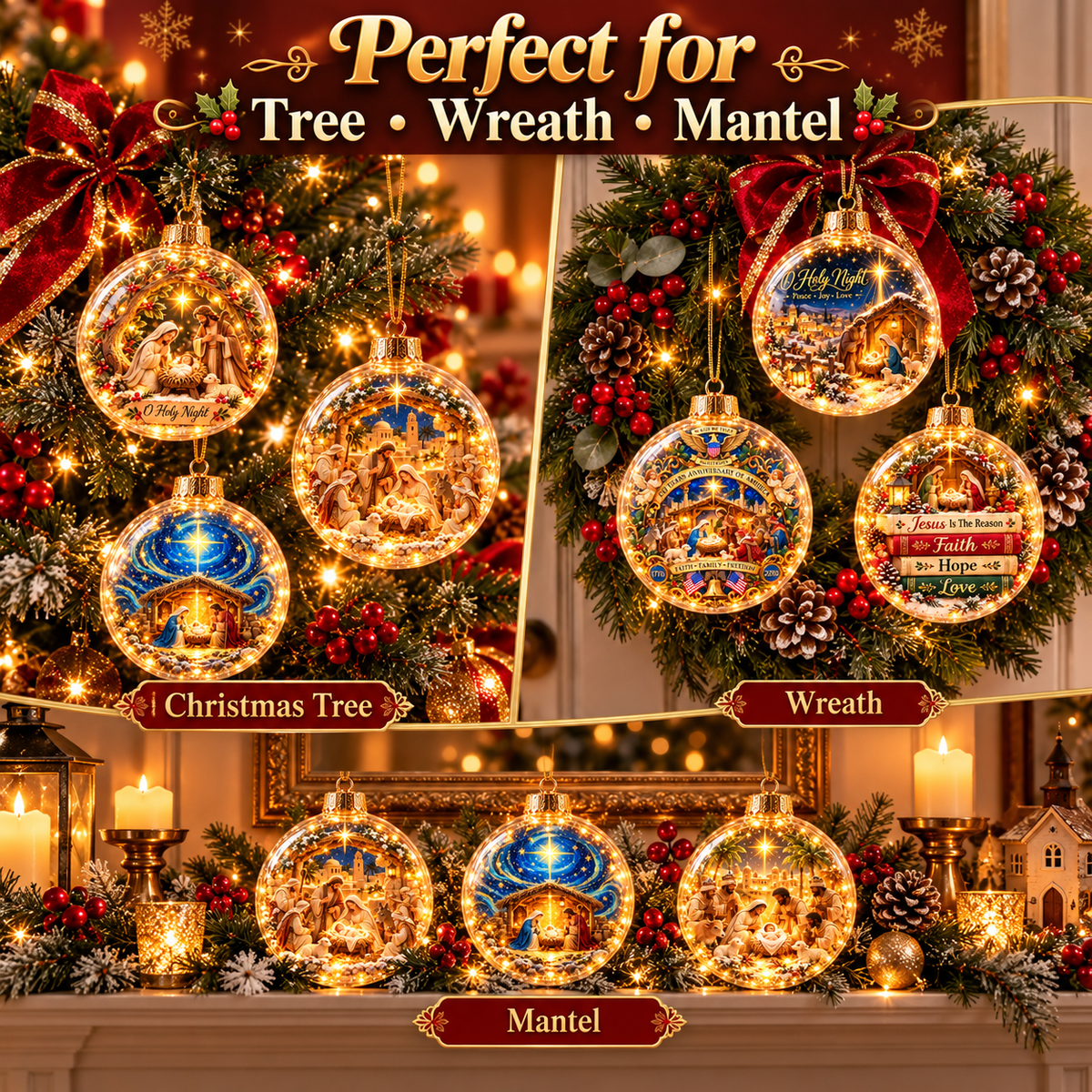 Christian Nativity ornaments shown on Christmas tree wreath and mantel