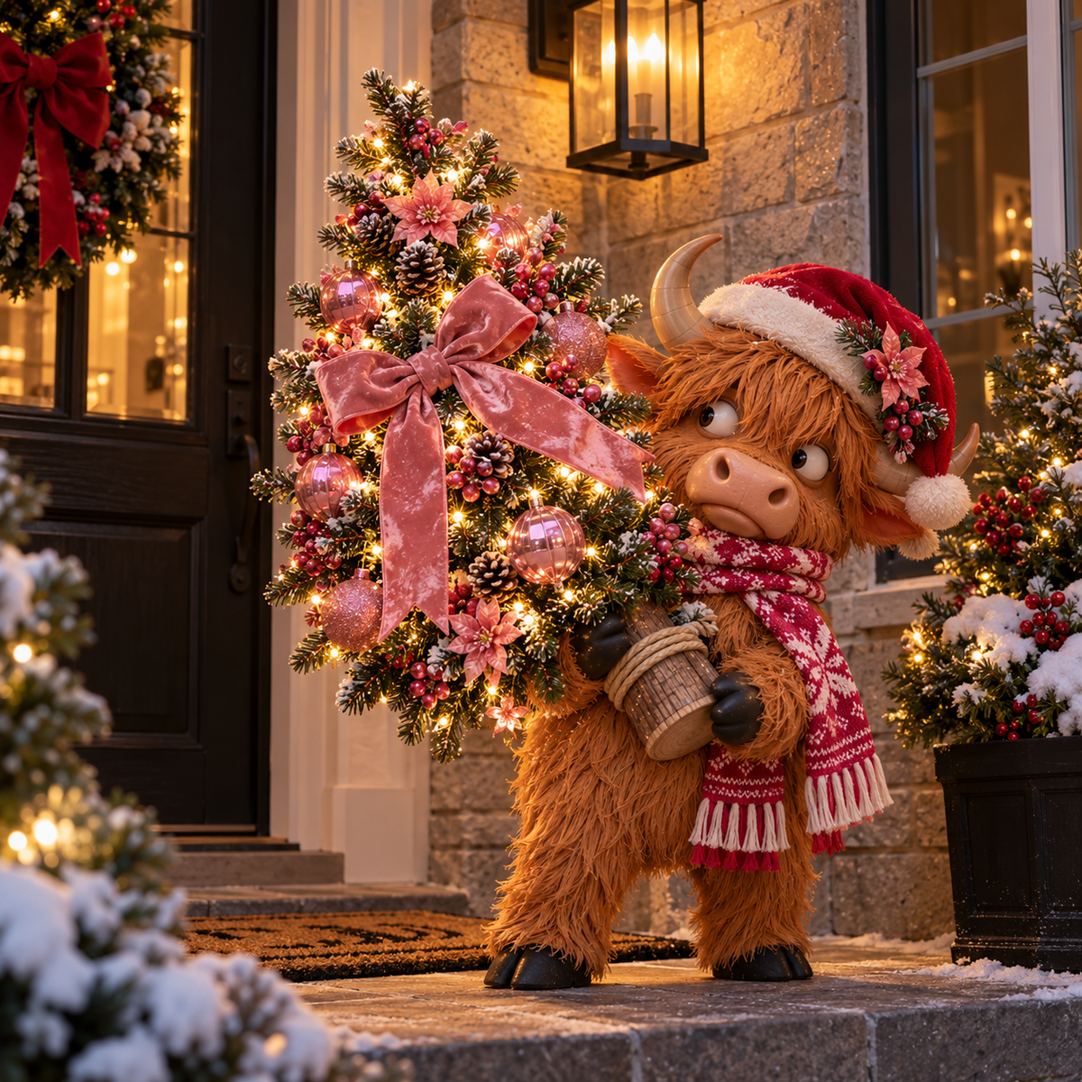 Pinkmas Highland Cow decorative details and pink tree