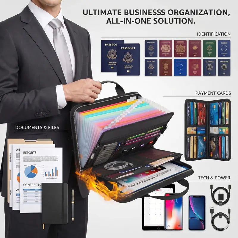 Document organizer showing accordion files, card slots and pockets for personal essentials