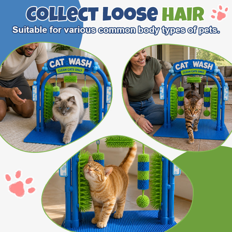 Cat wash grooming station helps collect loose fur