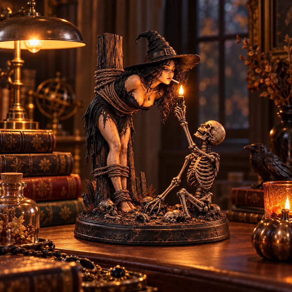 💀 Witch & Skeleton Light-Up Scene Figurine – Gothic Halloween Tabletop Décor