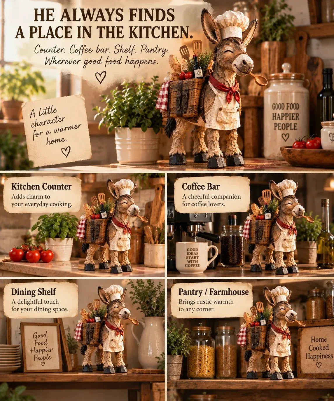 Donkey chef decorating kitchen coffee station and farmhouse shelves